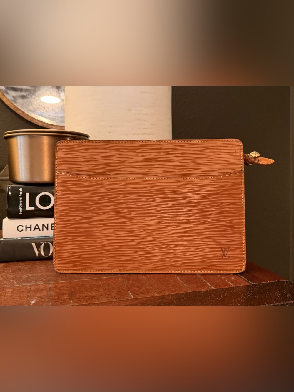100% Authentic Louis Vuitton Tan Brown Epi Leather Pochette Homme Clutch